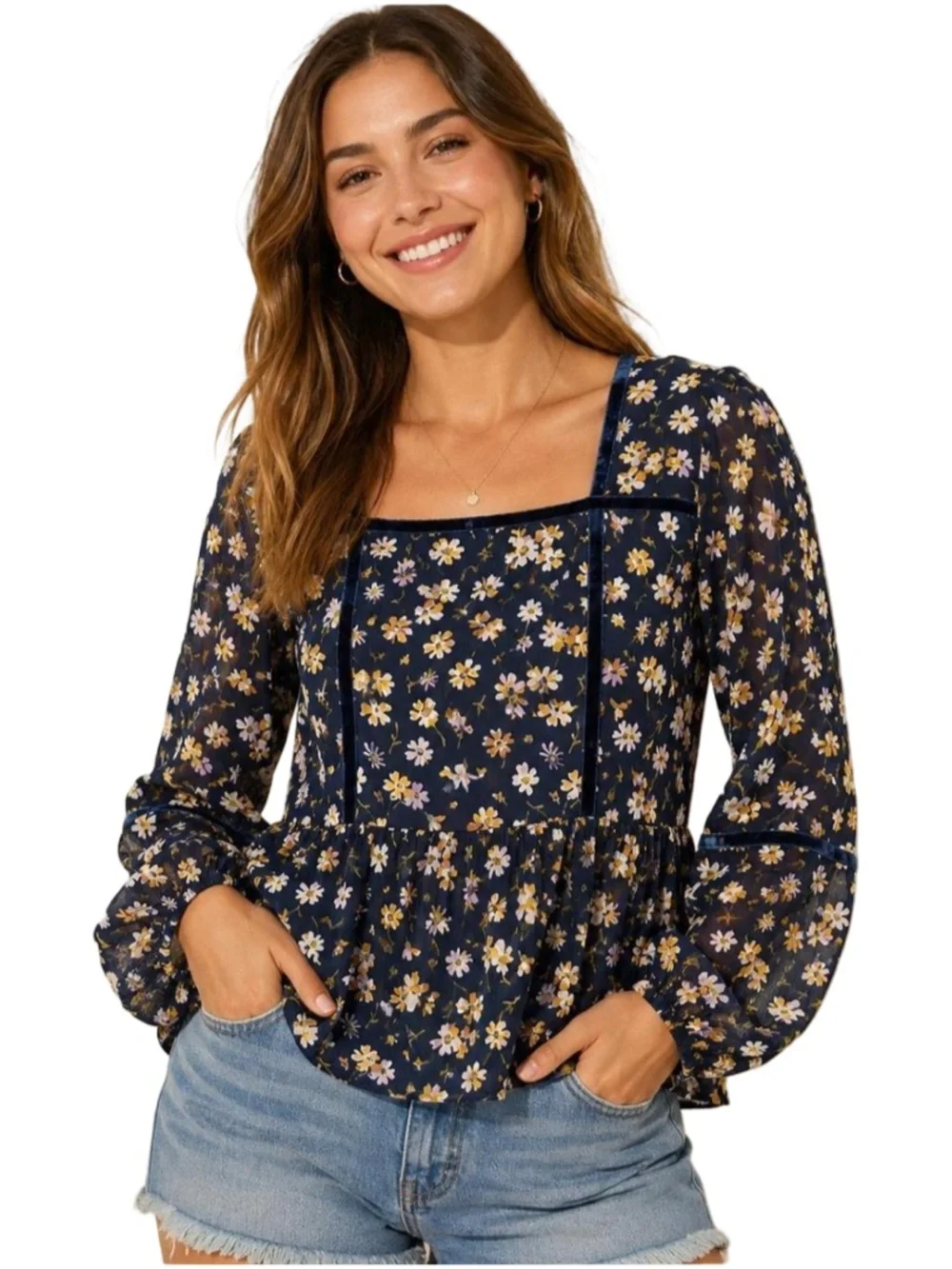 Madewell Velvet Trim Square-Neck Navy Floral Romantic Peasant Blouse Top SM EUC